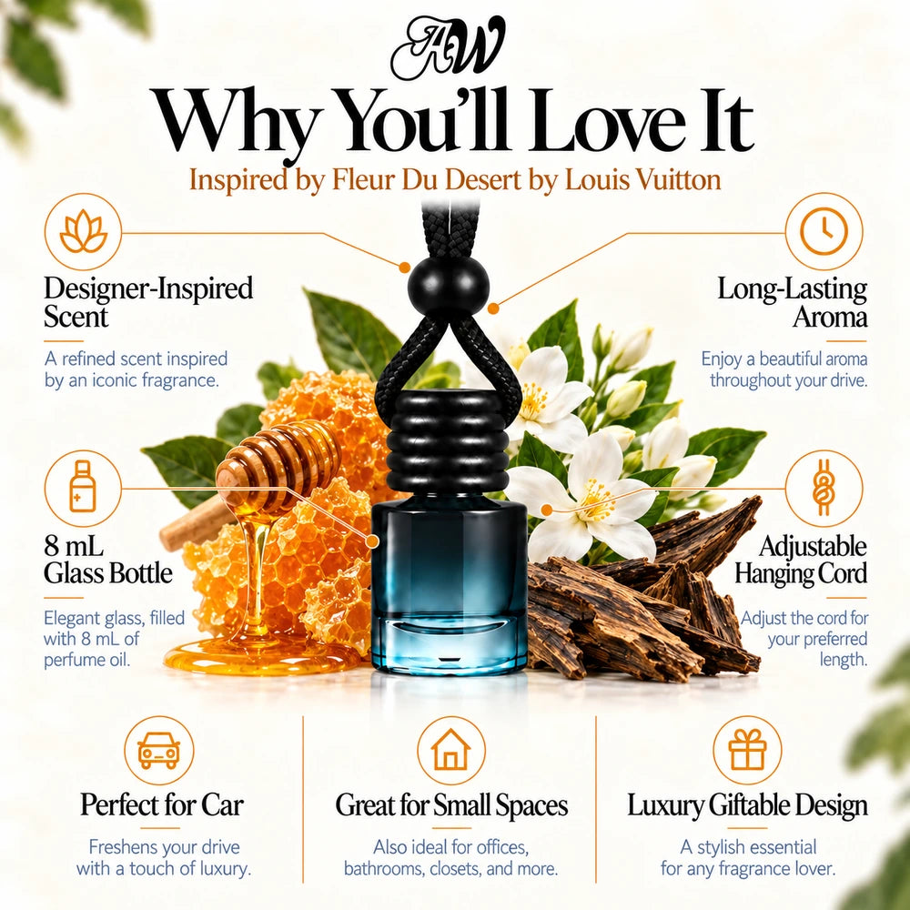 Fleur Du Desert Inspired by Louis Vuitton car diffuser with Honey, Jasmine, Agarwood (Oud) scent imagery by Ancient Wellness