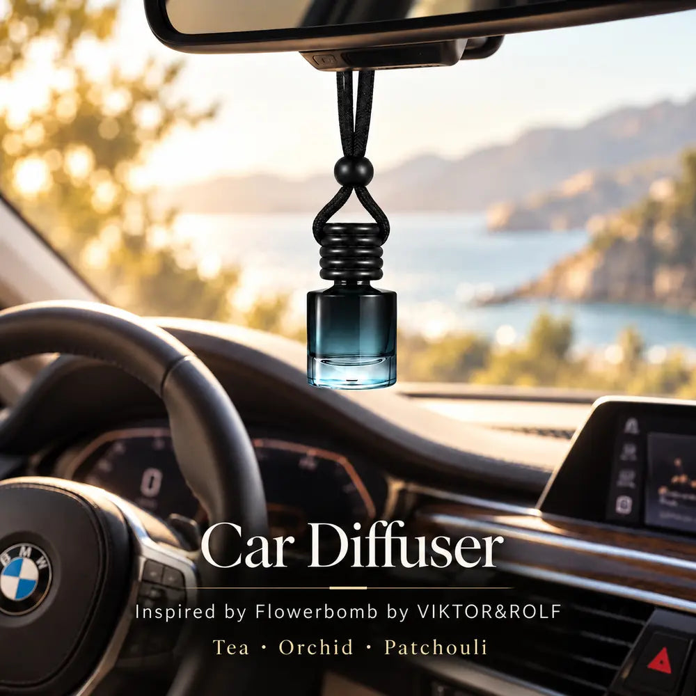 Flowerbomb Inspired by VIKTOR&ROLF car diffuser hanging in a BMW interior with tea, orchid and patchouli notes
