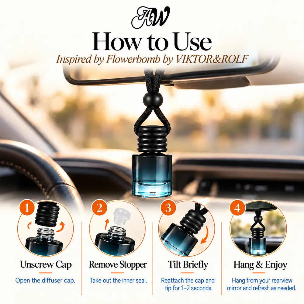 Flowerbomb car diffuser hanging in a car with four illustrated setup steps