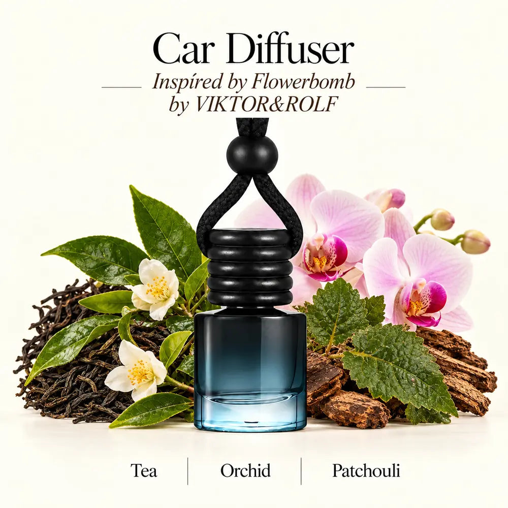 Flowerbomb Inspired by VIKTOR&ROLF car diffuser with tea, orchid and patchouli scent imagery by Ancient Wellness