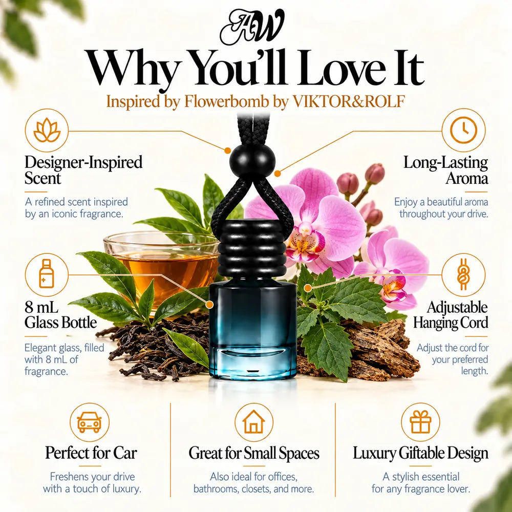Flowerbomb car diffuser benefits infographic with tea, orchid and patchouli imagery by Ancient Wellness
