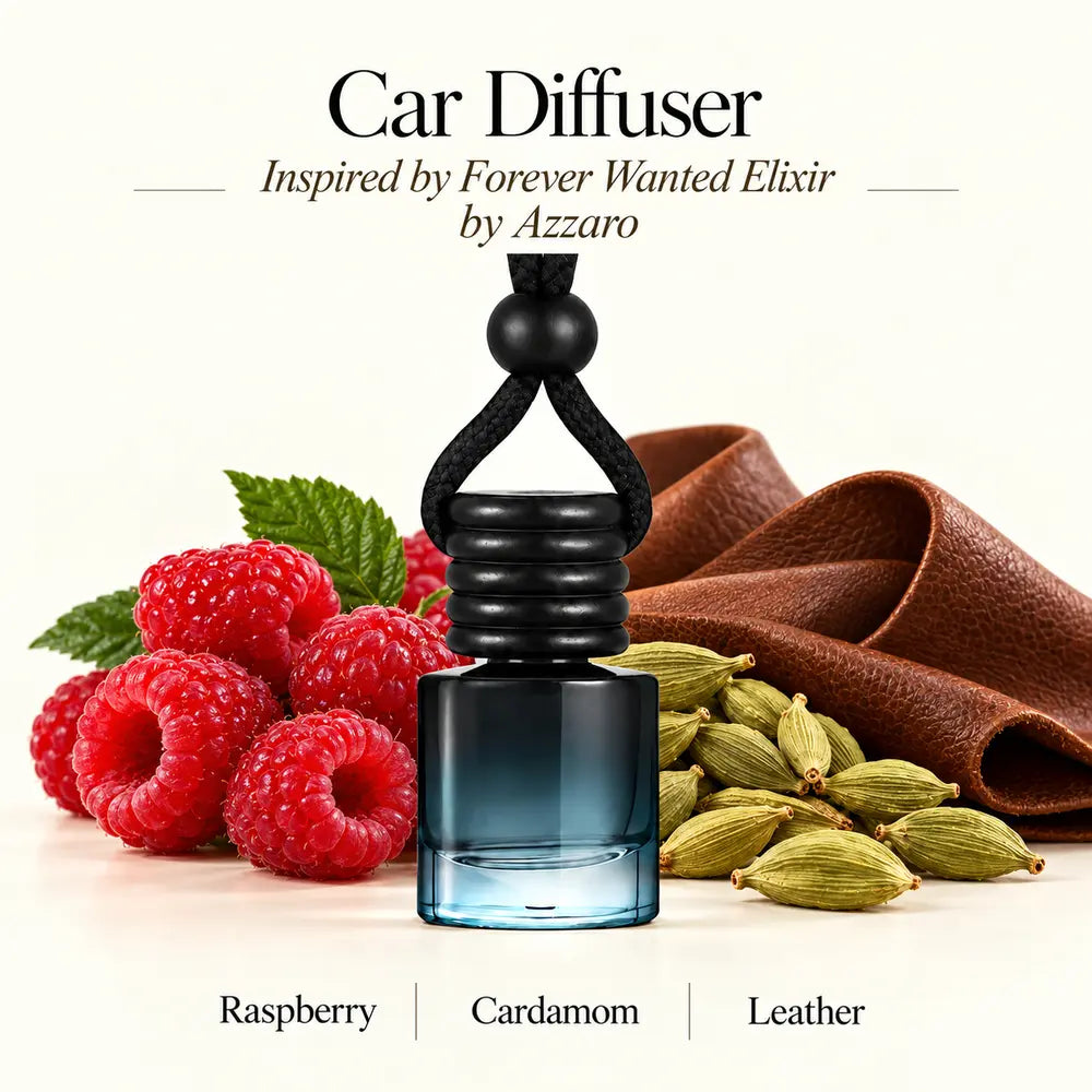 Forever Wanted Elixir Inspired by Azzaro car diffuser with raspberry, cardamom and leather scent imagery by Ancient Wellness