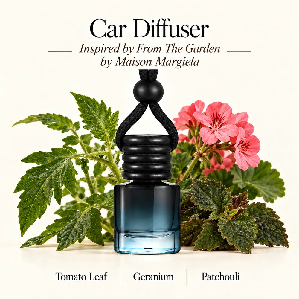 From The Garden Inspired by Maison Margiela car diffuser with Tomato Leaf, Geranium, Patchouli scent imagery by Ancient Wellness