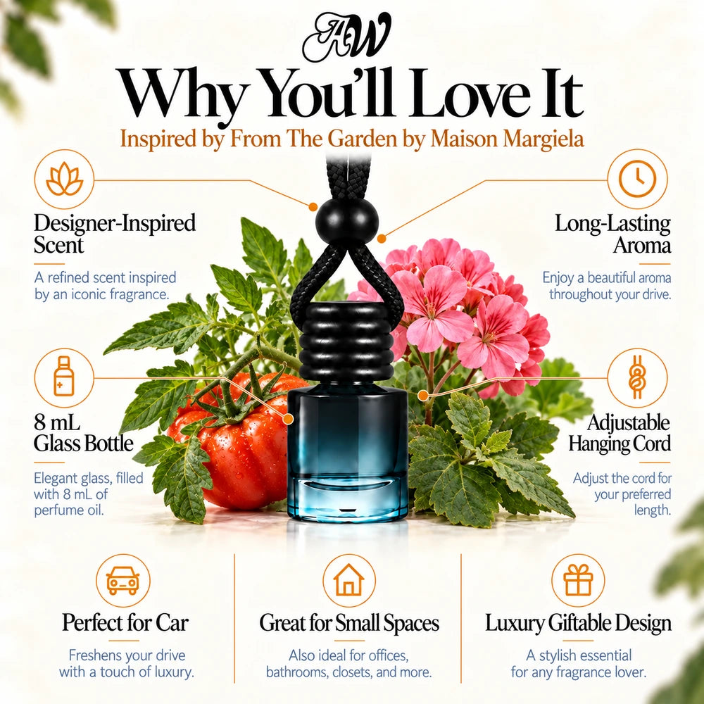 From The Garden car diffuser benefits infographic with Tomato Leaf, Geranium, Patchouli imagery by Ancient Wellness