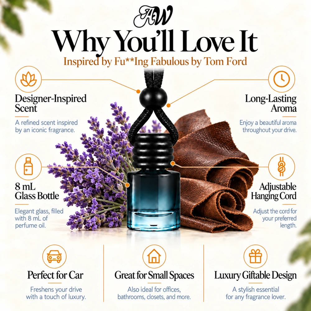 Fu**Ing Fabulous car diffuser benefits infographic with Lavender, Leather, Leather imagery by Ancient Wellness