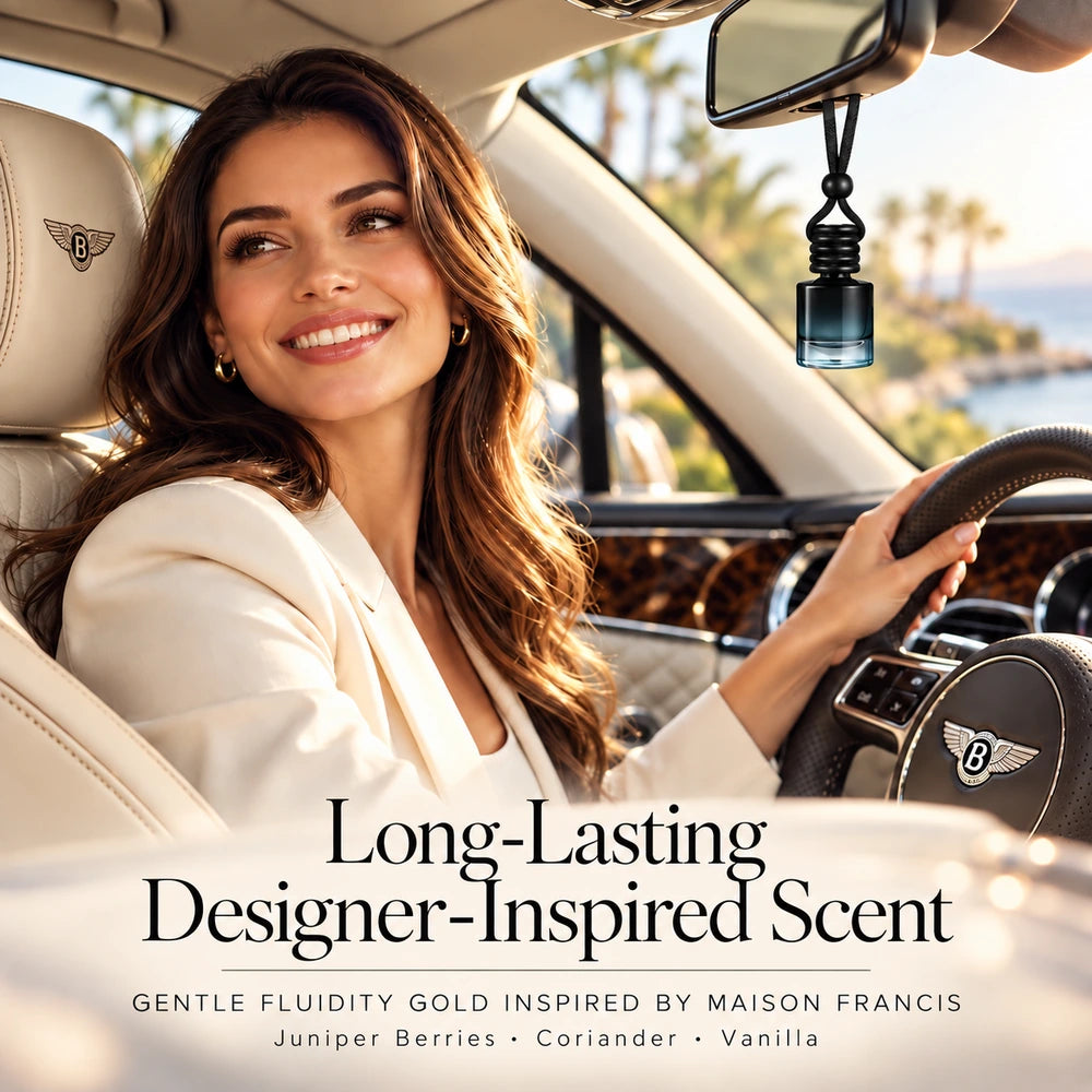 Gentle Fluidity Gold car diffuser beside a smiling woman in a luxury car with Juniper Berries, Coriander, Vanilla notes