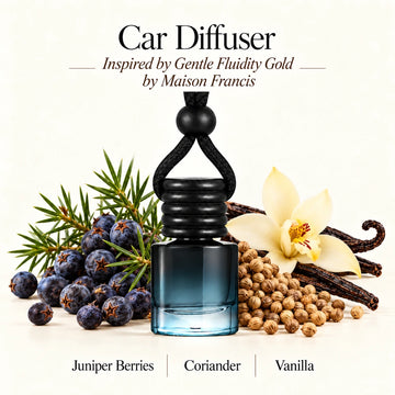 Gentle Fluidity Gold Inspired by Maison Francis car diffuser with Juniper Berries, Coriander, Vanilla scent imagery by Ancient Wellness
