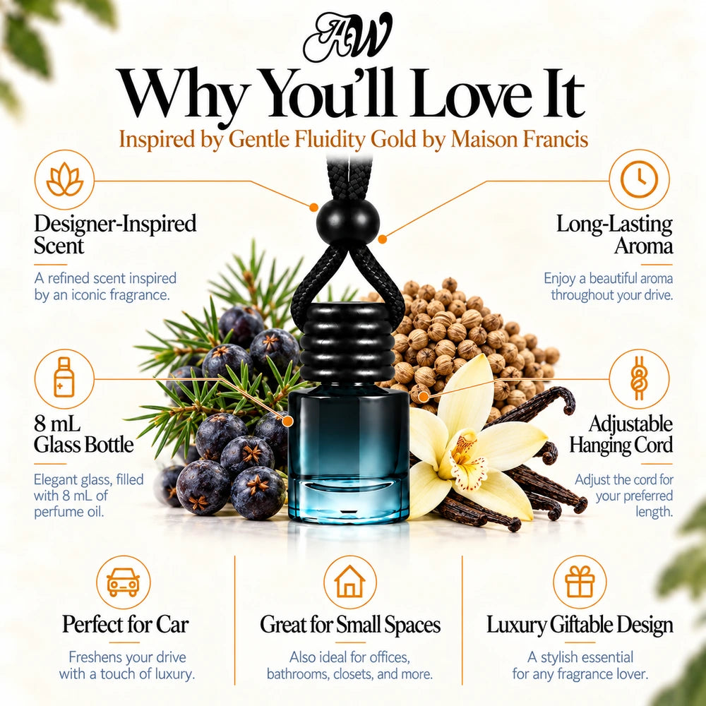Gentle Fluidity Gold car diffuser benefits infographic with Juniper Berries, Coriander, Vanilla imagery by Ancient Wellness