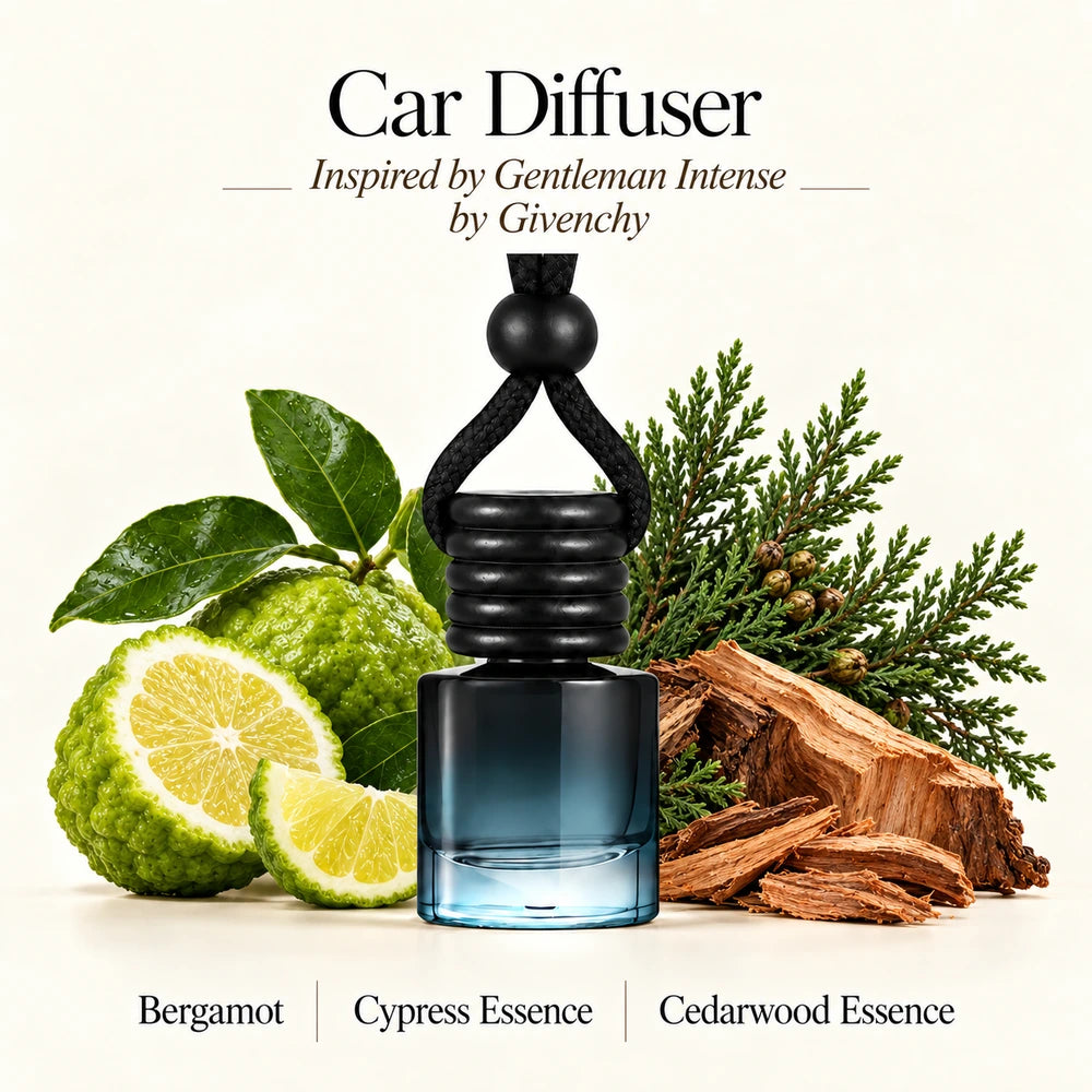Gentleman Intense Inspired by Givenchy car diffuser with Bergamot, Cypress Essence, Cedarwood Essence scent imagery by Ancient Wellness