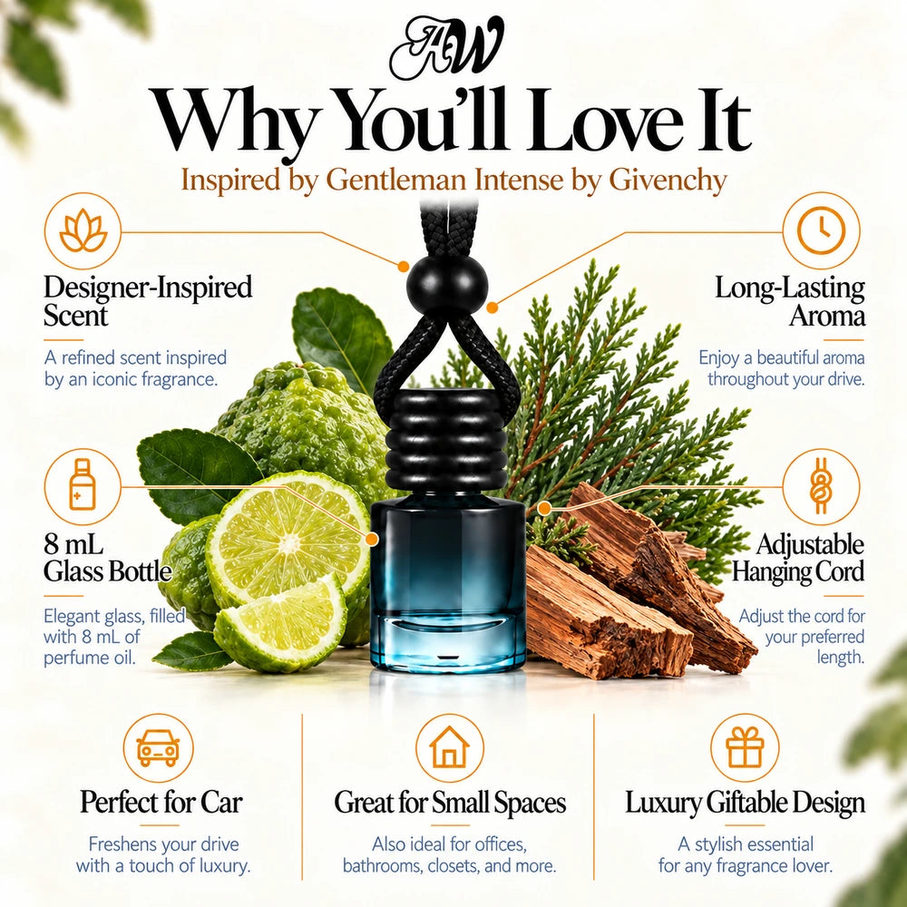 Gentleman Intense car diffuser benefits infographic with Bergamot, Cypress Essence, Cedarwood Essence imagery by Ancient Wellness