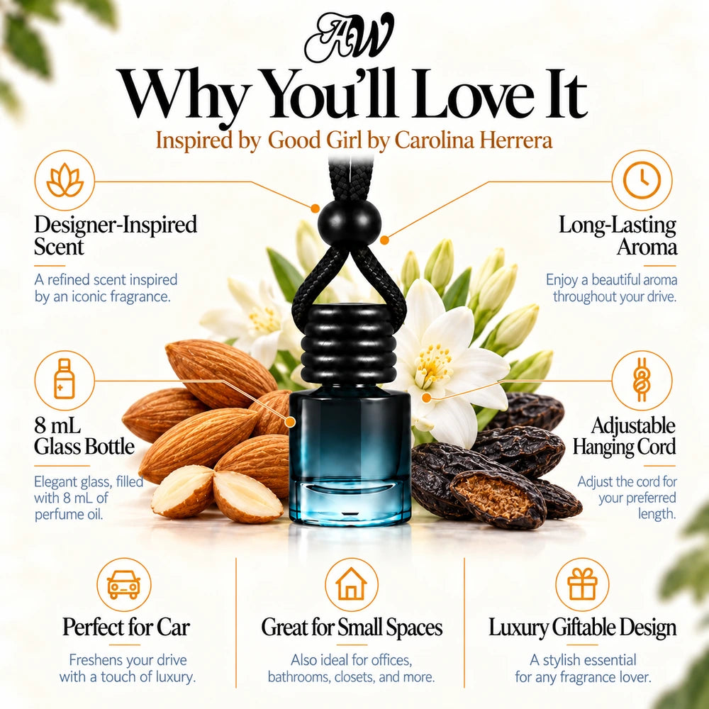 Good Girl Inspired by Carolina Herrera car diffuser with Almond, Tuberose, Tonka Bean scent imagery by Ancient Wellness
