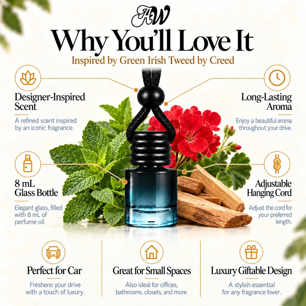 Why You’ll Love It infographic for Green Irish Tweed inspired by Creed car diffuser