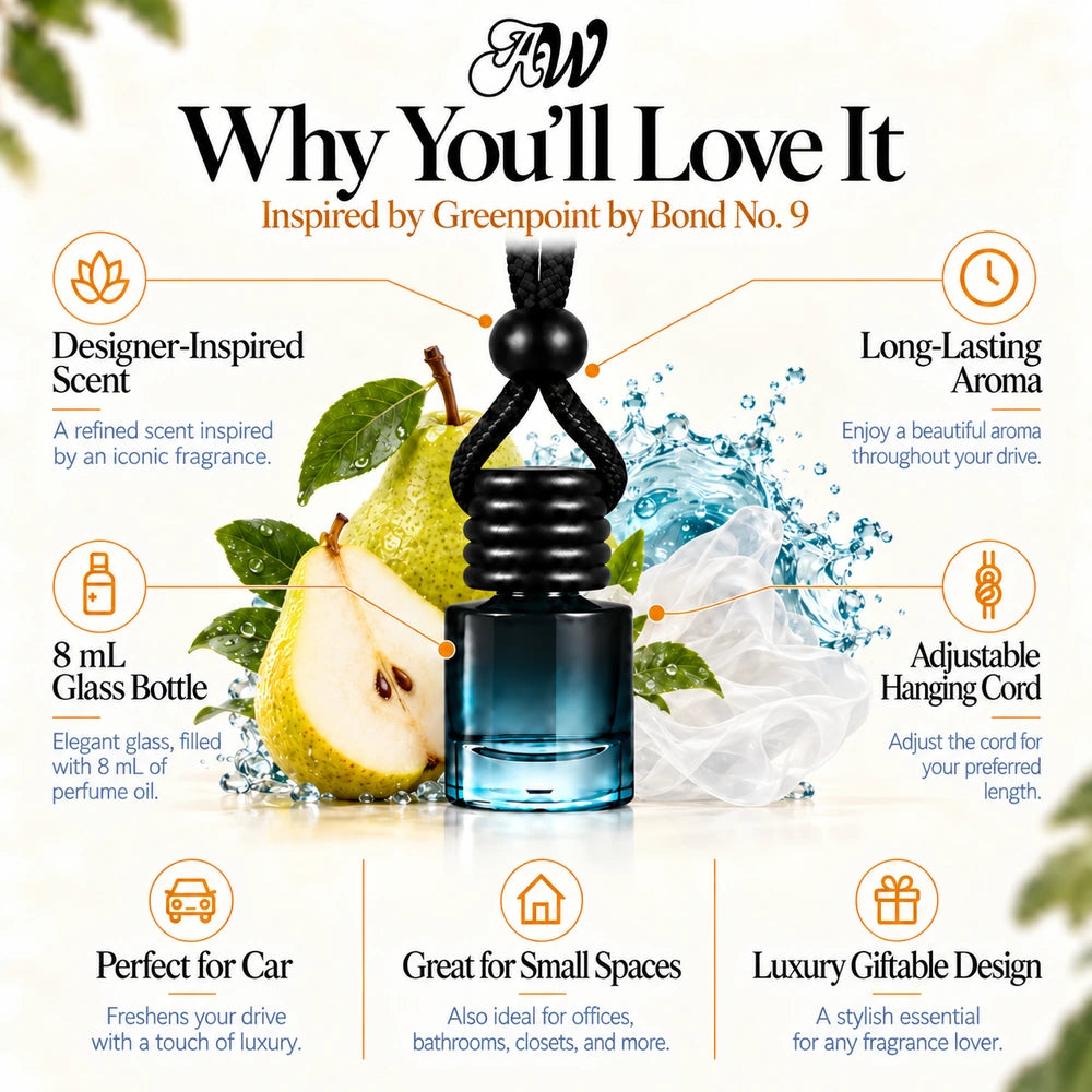 Greenpoint car diffuser benefits infographic with pear, marine notes and musk scent imagery by Ancient Wellness