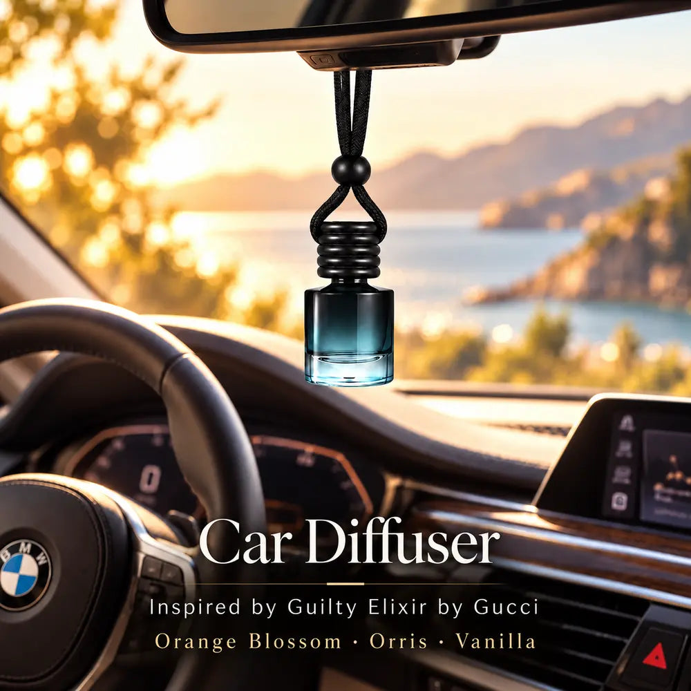 Guilty Elixir inspired car diffuser hanging in a luxury BMW interior