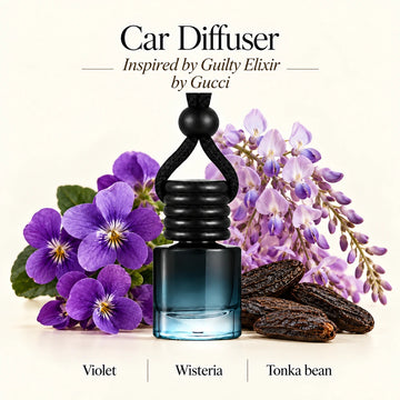 Guilty Elixir Inspired by Gucci car diffuser with Violet, Wisteria, Tonka bean scent imagery by Ancient Wellness