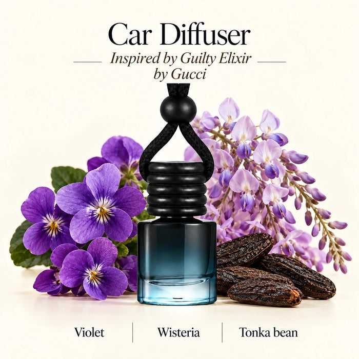 Guilty Elixir Inspired by Gucci car diffuser with Violet, Wisteria, Tonka bean scent imagery by Ancient Wellness