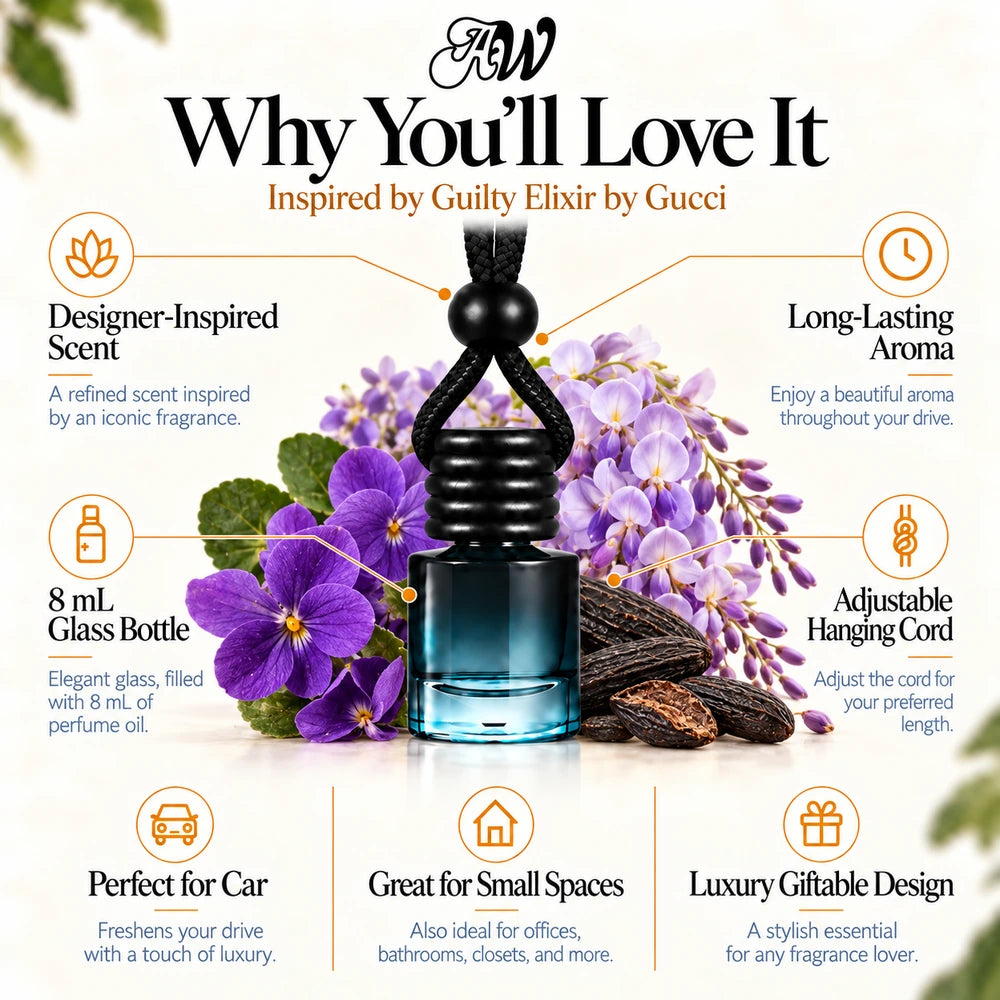 Guilty Elixir Inspired by Gucci car diffuser with Violet, Wisteria, Tonka bean scent imagery by Ancient Wellness