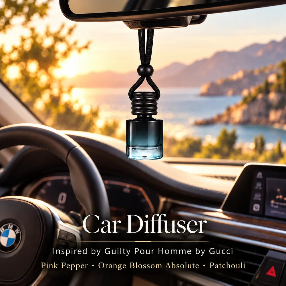 Guilty Pour Homme inspired car diffuser hanging in a luxury BMW interior