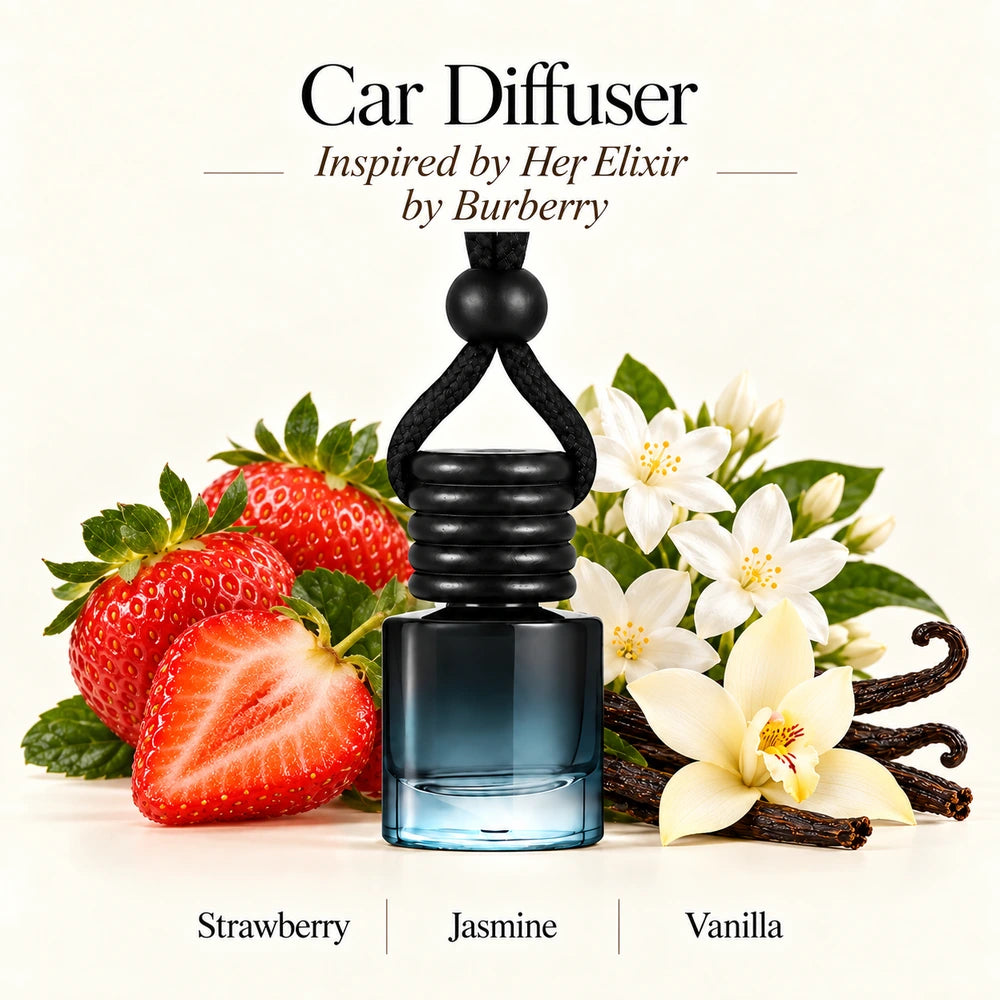 Her Elixir Inspired by Burberry car diffuser with Strawberry, Jasmine, Vanilla scent imagery by Ancient Wellness