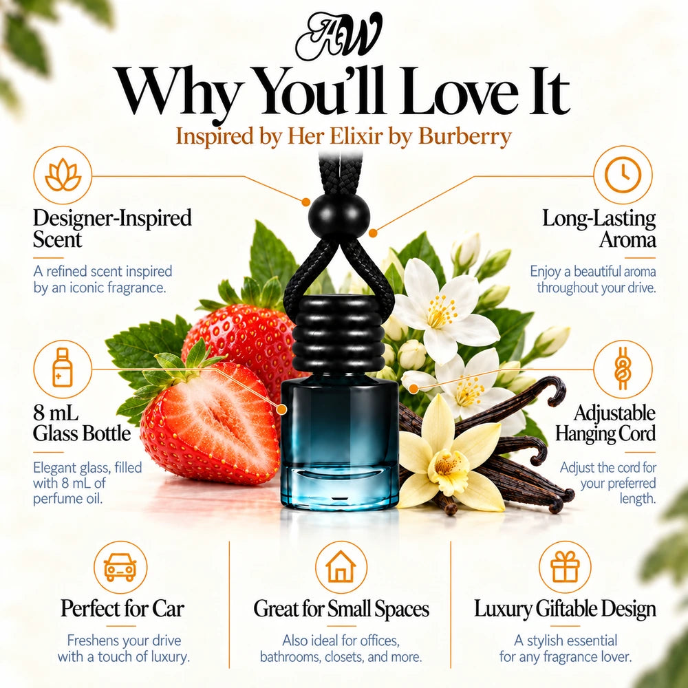Her Elixir Inspired by Burberry car diffuser with Strawberry, Jasmine, Vanilla scent imagery by Ancient Wellness