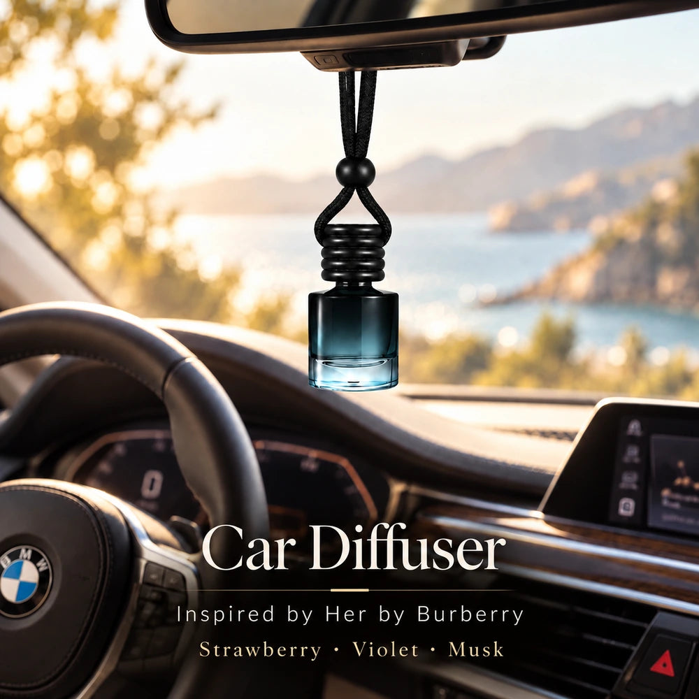Her Inspired by Burberry car diffuser hanging in a BMW interior with Strawberry, Violet, Musk notes