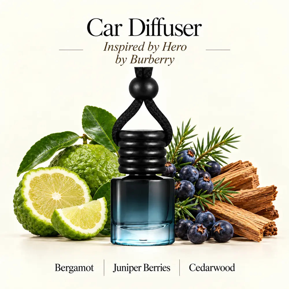 Hero Inspired by Burberry car diffuser with bergamot, juniper berries and cedarwood scent imagery by Ancient Wellness