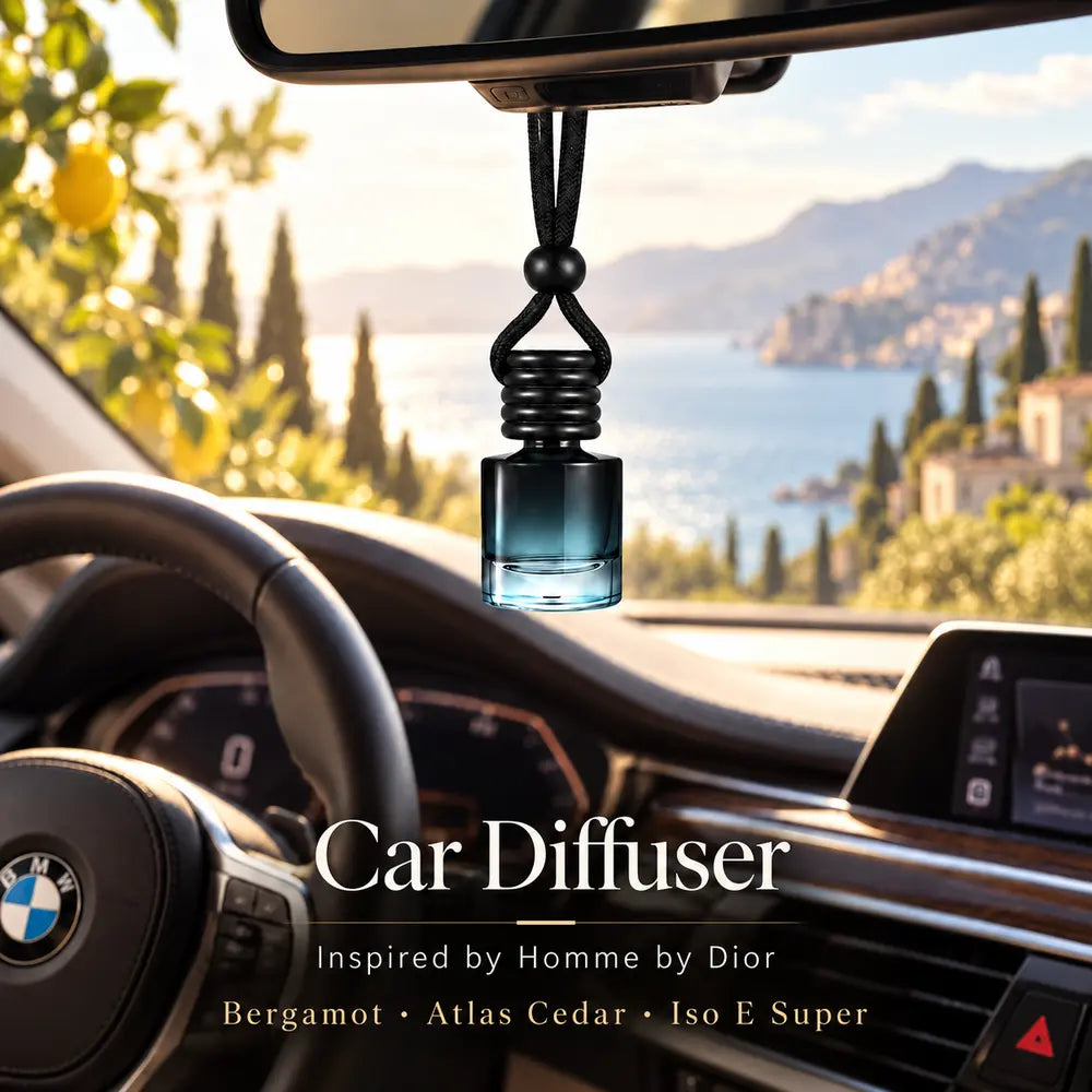 Homme inspired by Dior car diffuser hanging in a luxury BMW interior