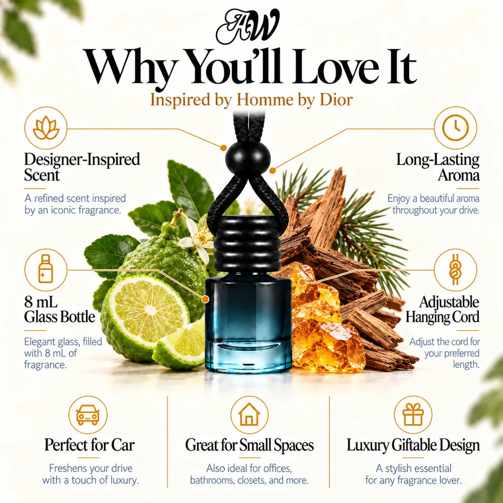 Why You’ll Love It infographic for Homme inspired by Dior car diffuser