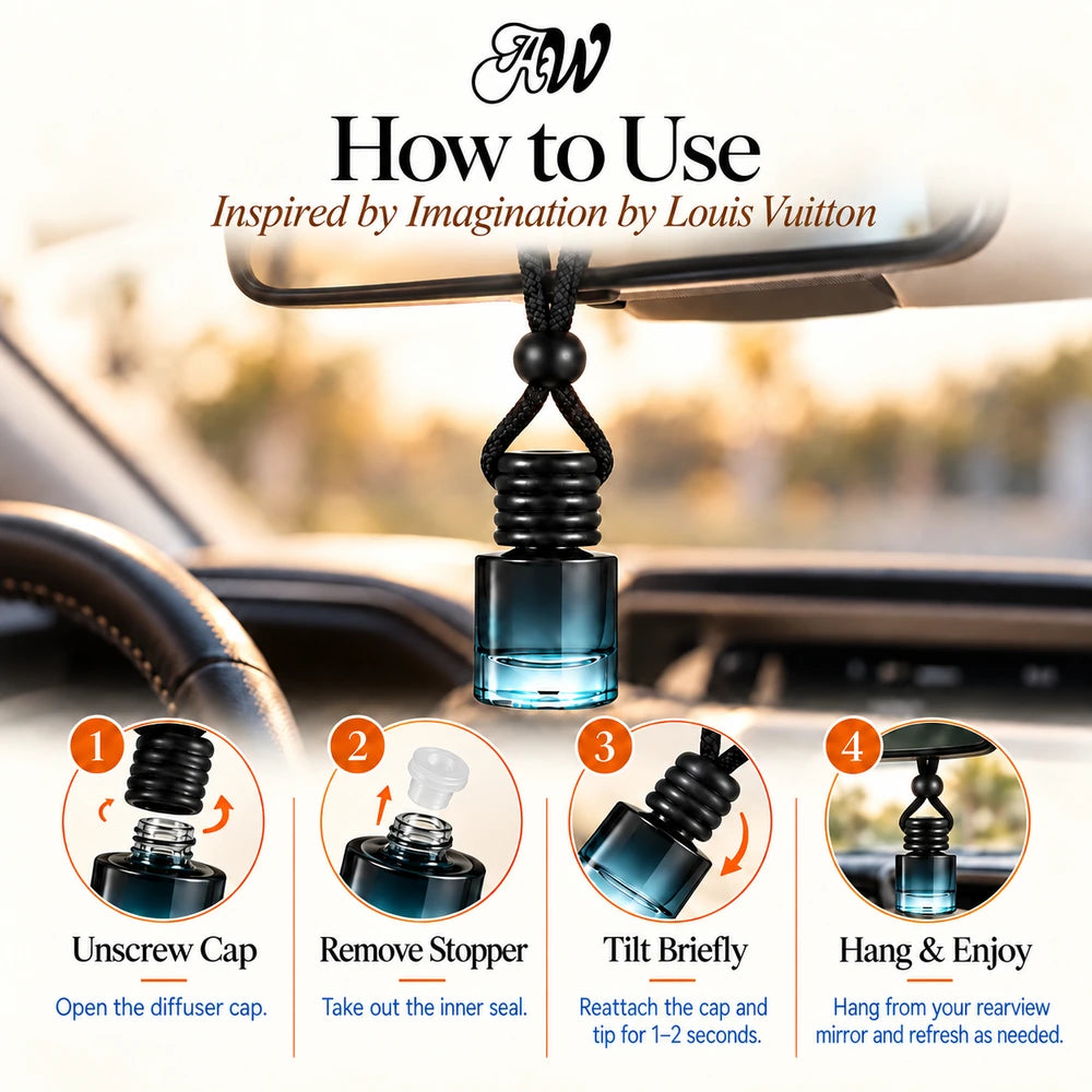 Imagination car diffuser hanging in a car with four illustrated setup steps