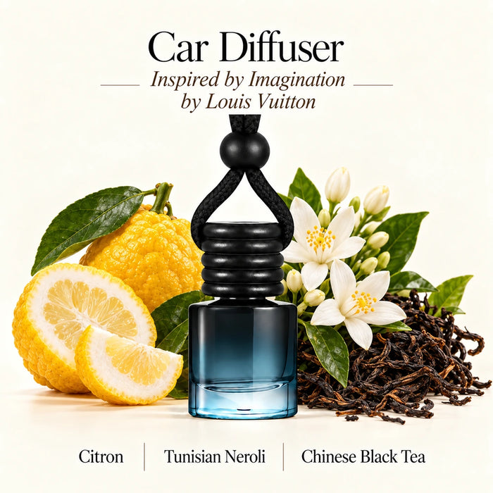 Imagination Inspired by Louis Vuitton car diffuser with Citron, Tunisian Neroli, Chinese Black Tea scent imagery by Ancient Wellness