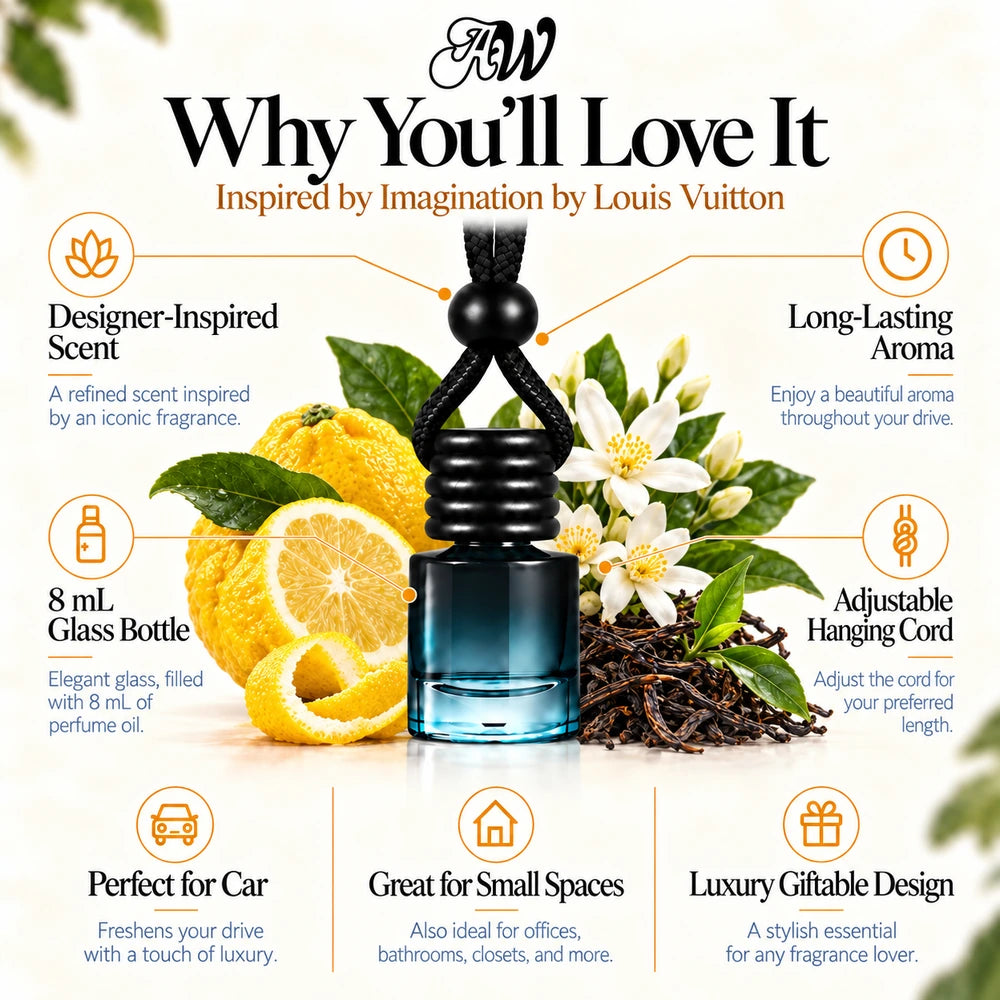 Imagination car diffuser benefits infographic with Citron, Tunisian Neroli, Chinese Black Tea imagery by Ancient Wellness