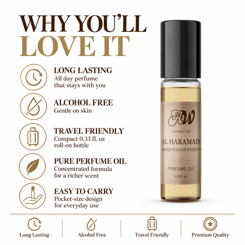 Perfume oil bottle labeled 'Inspired by Al Haramain Amber Oud Gold Edition' on a white background