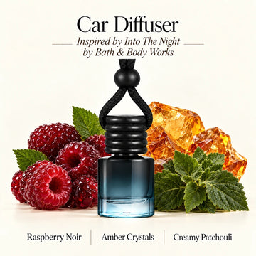 Into The Night Inspired by Bath & Body Works car diffuser with Raspberry Noir, Amber Crystals, Creamy Patchouli scent imagery by Ancient Wellness
