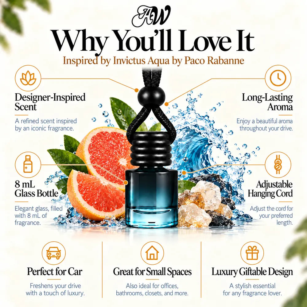 Why you’ll love the Invictus Aqua Inspired by Paco Rabanne car diffuser with an 8 mL bottle and adjustable cord