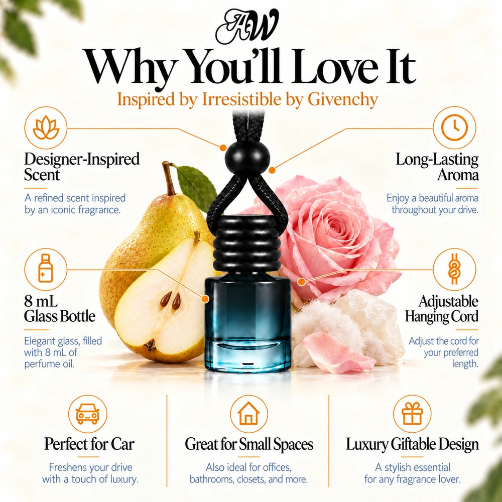 Irresistible car diffuser benefits infographic with Pear, Rose, Musk imagery by Ancient Wellness