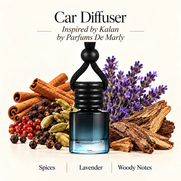 Kalan Inspired by Parfums De Marly car diffuser with Spices, Lavender, Woody Notes scent imagery by Ancient Wellness