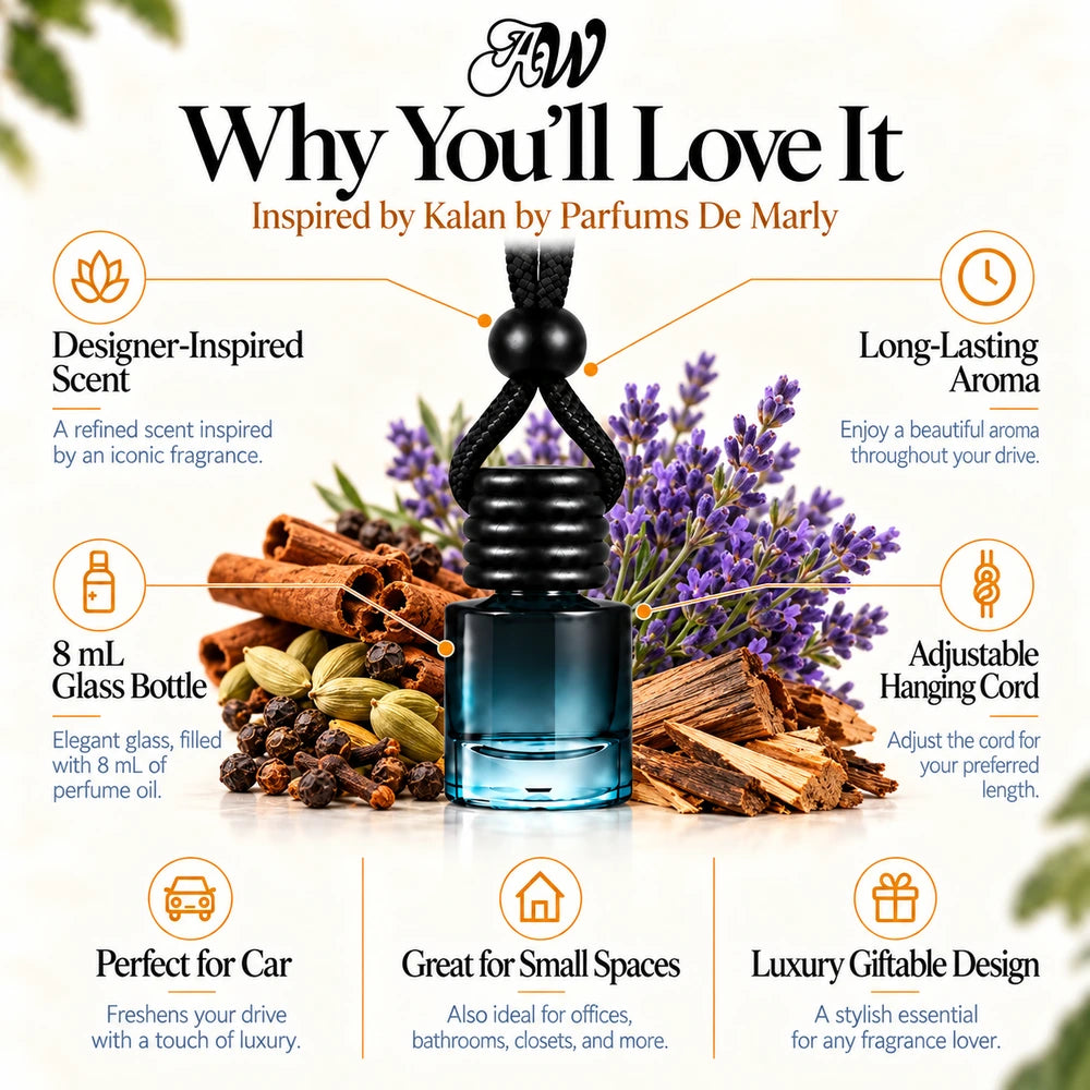 Kalan car diffuser benefits infographic with Spices, Lavender, Woody Notes imagery by Ancient Wellness