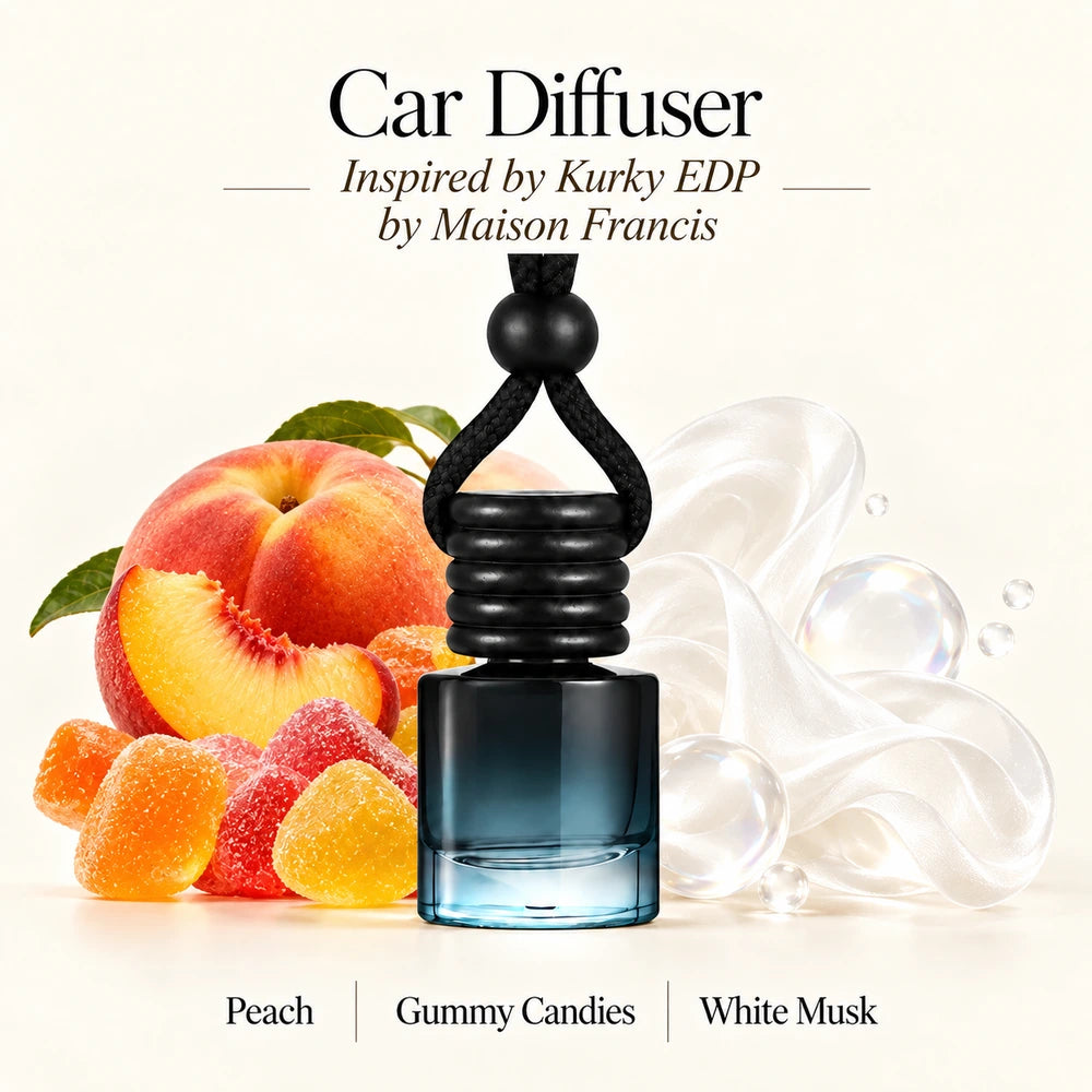 Kurky EDP Inspired by Maison Francis car diffuser with Peach, Gummy Candies, White Musk scent imagery by Ancient Wellness