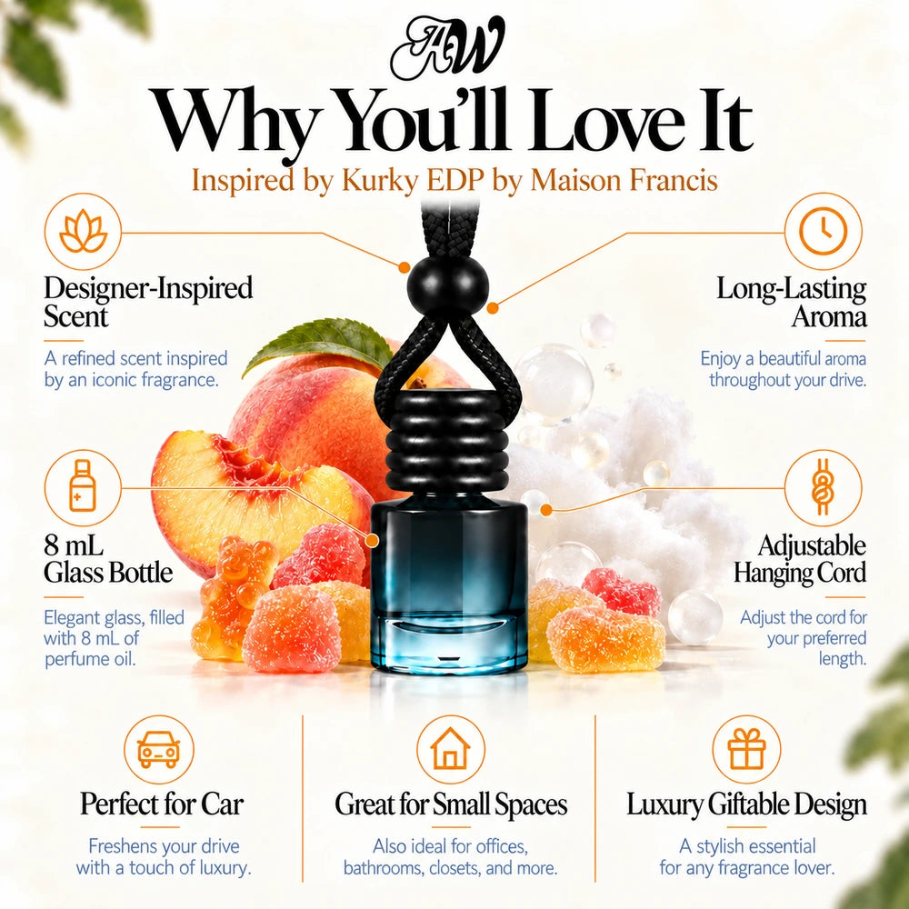 Kurky EDP car diffuser benefits infographic with Peach, Gummy Candies, White Musk imagery by Ancient Wellness