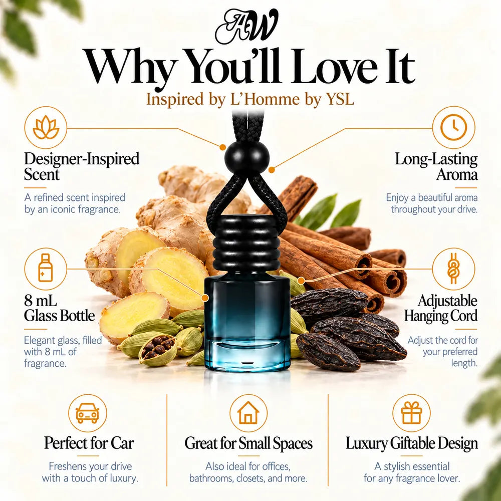Why You'll Love It infographic for L'Homme Inspired by YSL car diffuser with scent ingredients and bottle features
