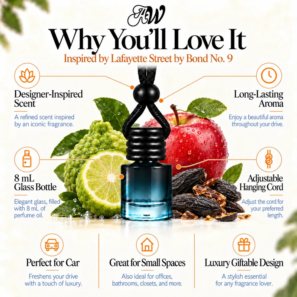 Lafayette Street car diffuser benefits infographic with bergamot, apple and tonka bean imagery by Ancient Wellness