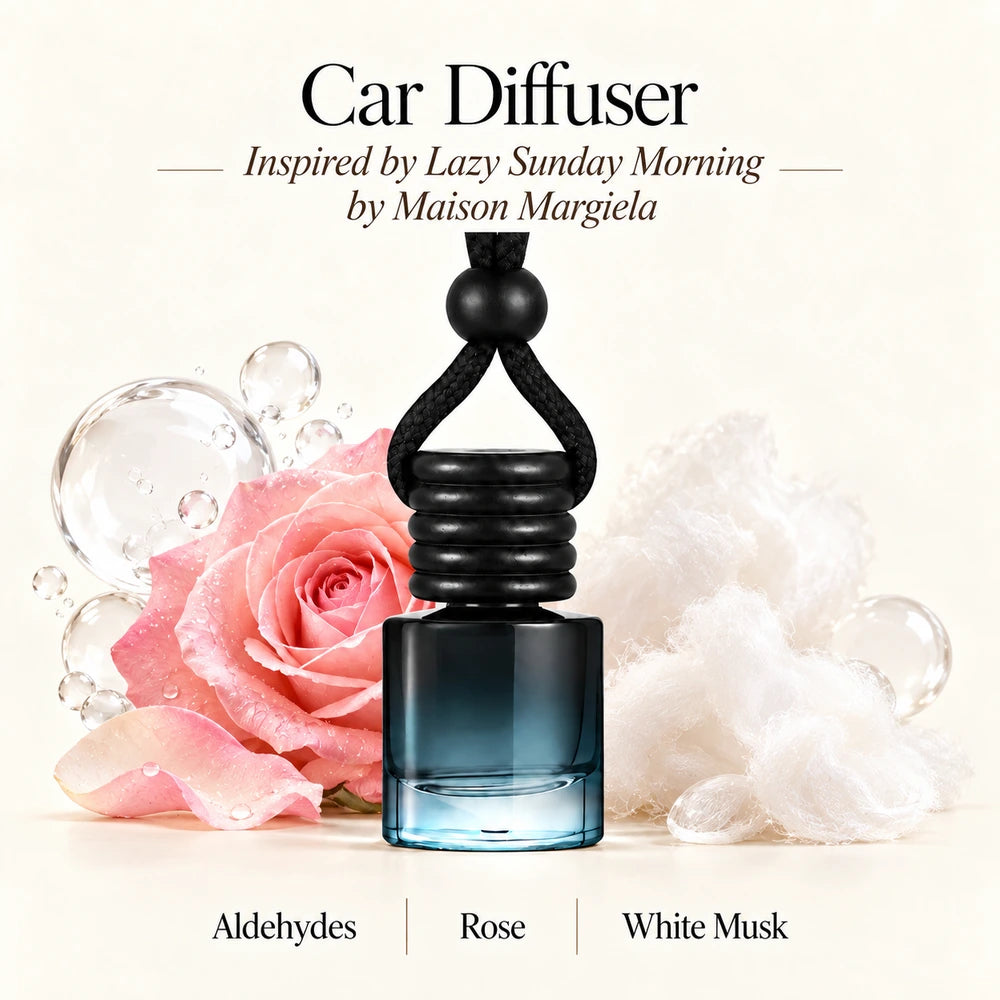 Lazy Sunday Morning Inspired by Maison Margiela car diffuser with Aldehydes, Rose, White Musk scent imagery by Ancient Wellness