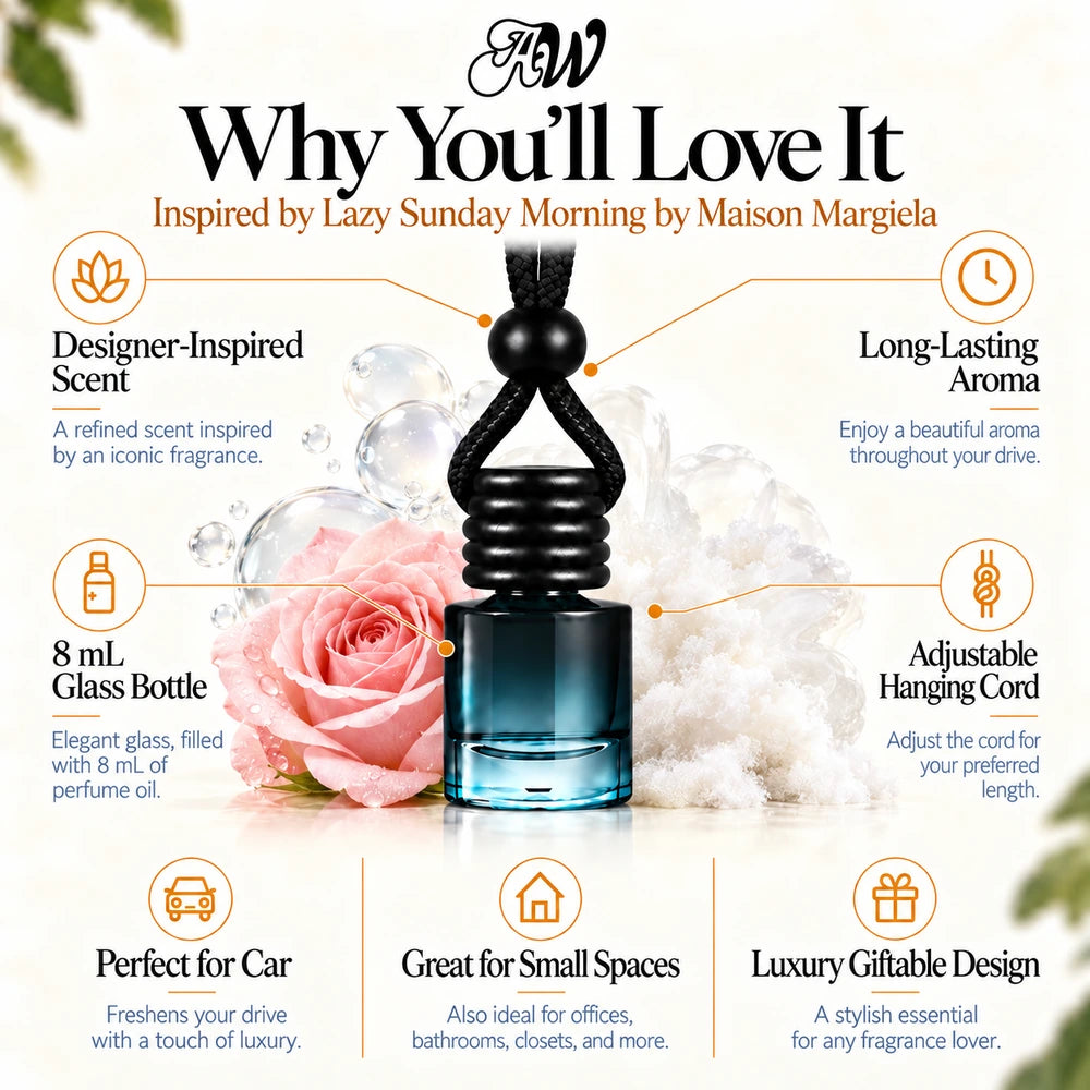 Lazy Sunday Morning car diffuser benefits infographic with Aldehydes, Rose, White Musk imagery by Ancient Wellness