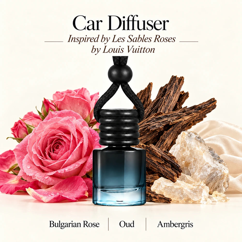 Les Sables Roses Inspired by Louis Vuitton car diffuser with Bulgarian Rose, Oud, Ambergris scent imagery by Ancient Wellness