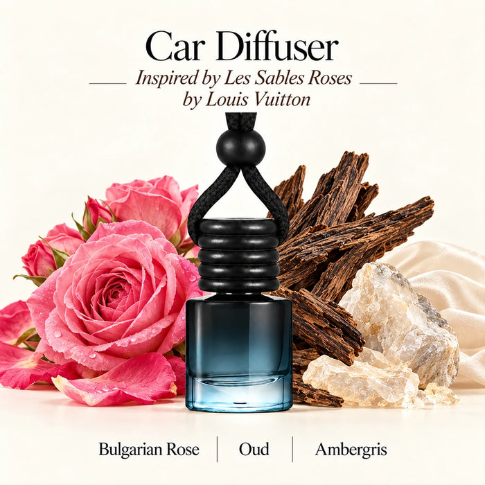 Les Sables Roses Inspired by Louis Vuitton car diffuser with Bulgarian Rose, Oud, Ambergris scent imagery by Ancient Wellness