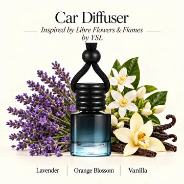 Libre Flowers & Flames Inspired by YSL car diffuser with lavender, orange blossom and vanilla scent imagery by Ancient Wellness