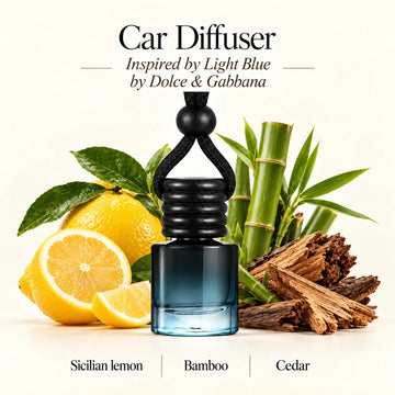 Light Blue Inspired by Dolce & Gabbana car diffuser with Sicilian lemon, Bamboo, Cedar scent imagery by Ancient Wellness