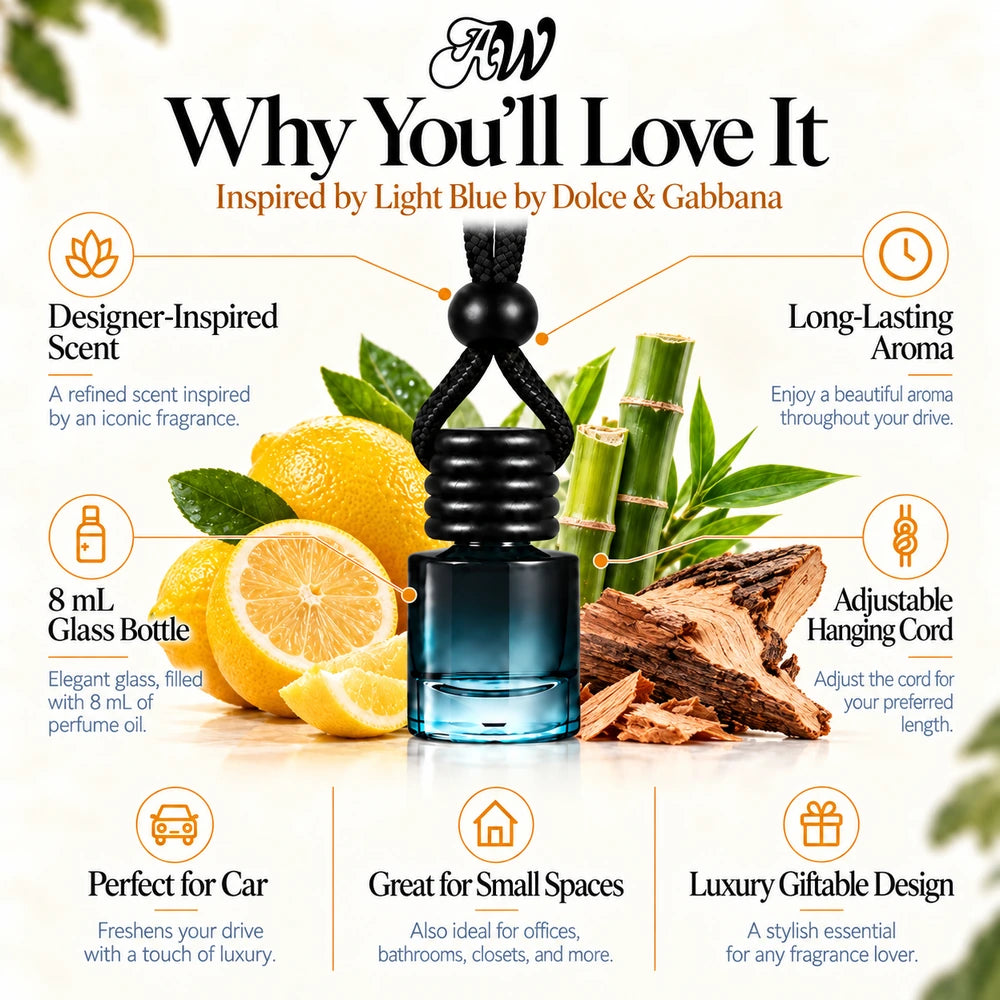 Light Blue Inspired by Dolce & Gabbana car diffuser with Sicilian lemon, Bamboo, Cedar scent imagery by Ancient Wellness