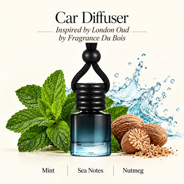 London Oud Inspired by Fragrance Du Bois car diffuser with Mint, Sea Notes, Nutmeg scent imagery by Ancient Wellness