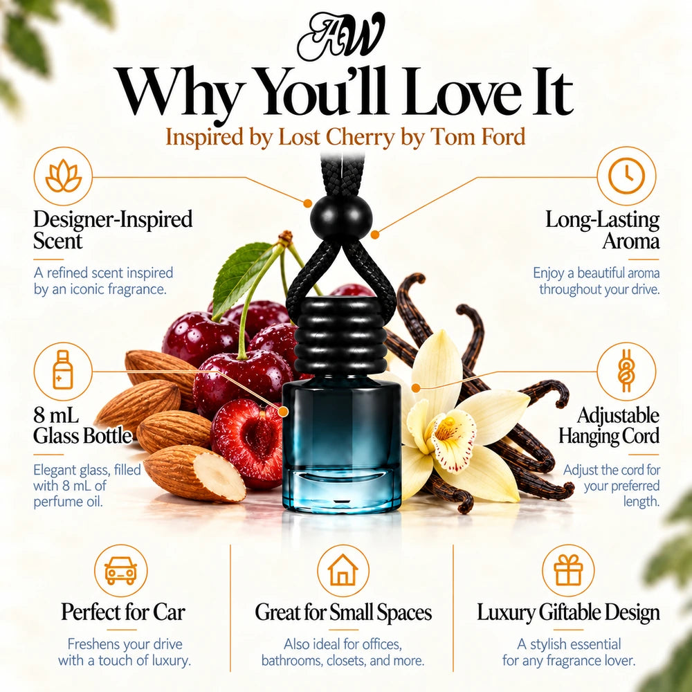 Lost Cherry car diffuser benefits infographic with Bitter Almond, Sour Cherry, Vanilla imagery by Ancient Wellness